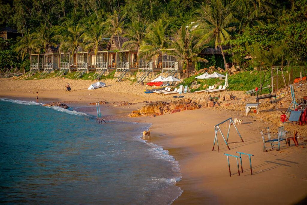 Beachfront bungalows at Bai Xep Beach in Quy Nhon – Rustic seaside cottages with palm trees and loungers set directly on the sand, showing the relaxed vibe of this fishing village turned beach escape.