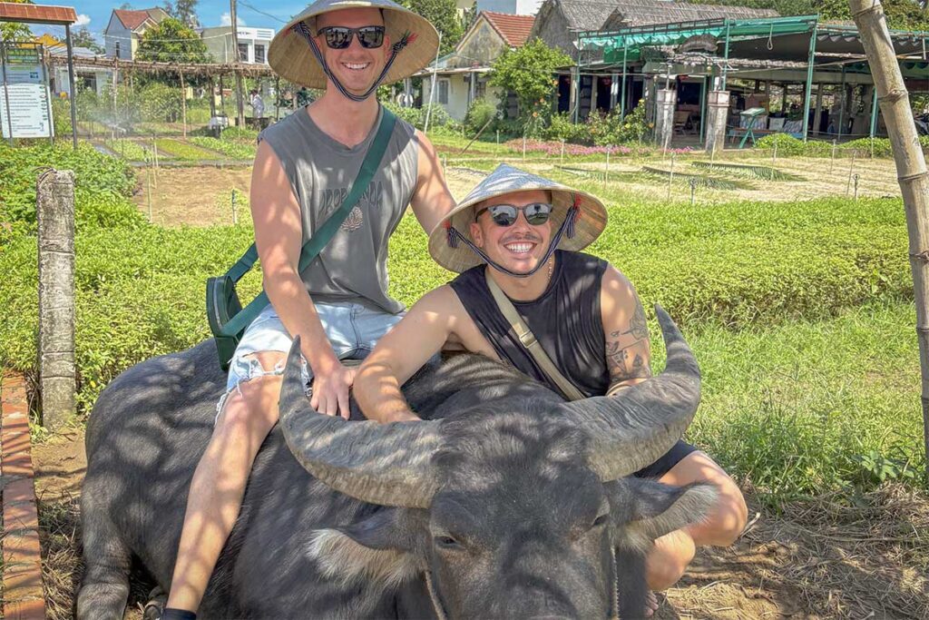 Buffalo riding experience included in a Hoi An cooking class countryside tour