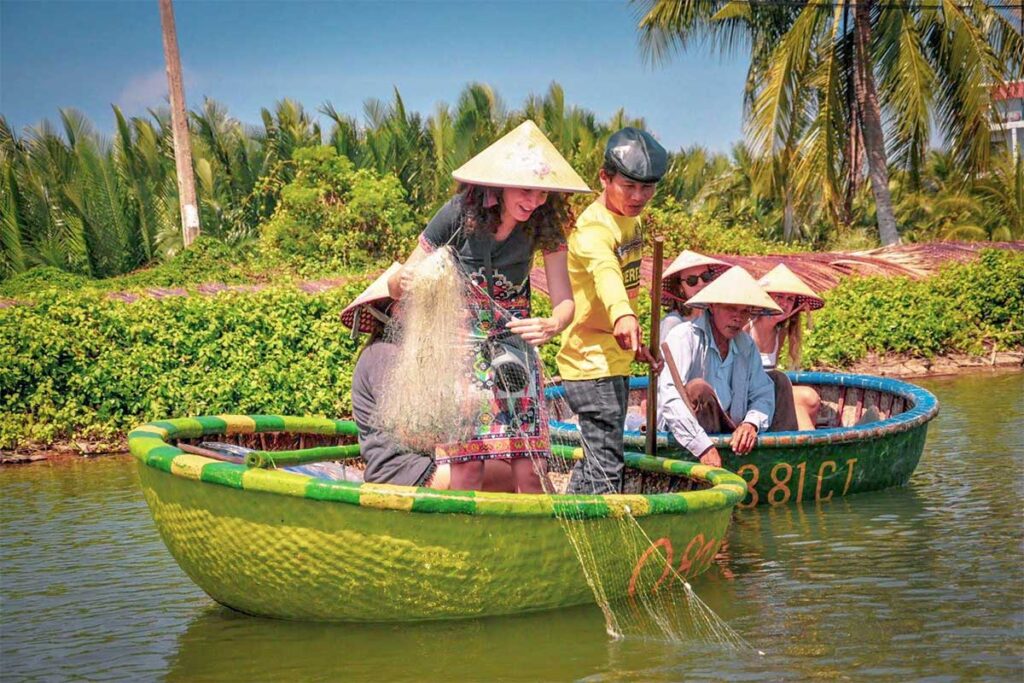 Basket boat fishing experience as part of a Hoi An cooking class tour