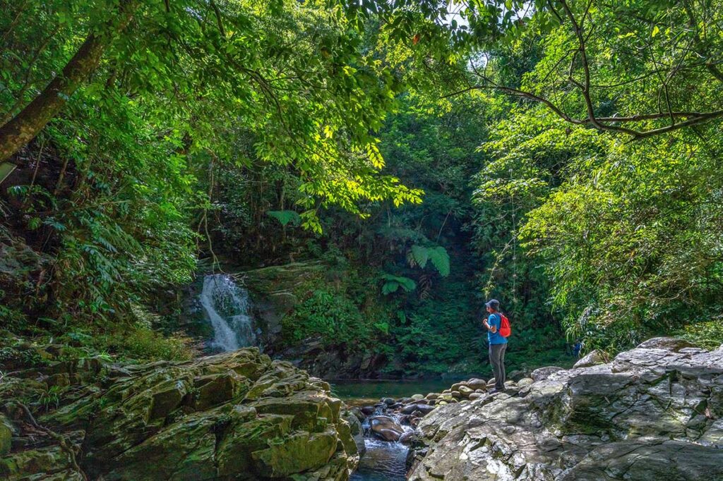 A man standing at a small male with small waterfall surrounded by trees along the five lake trail part of trekking in Bach Ma National Park