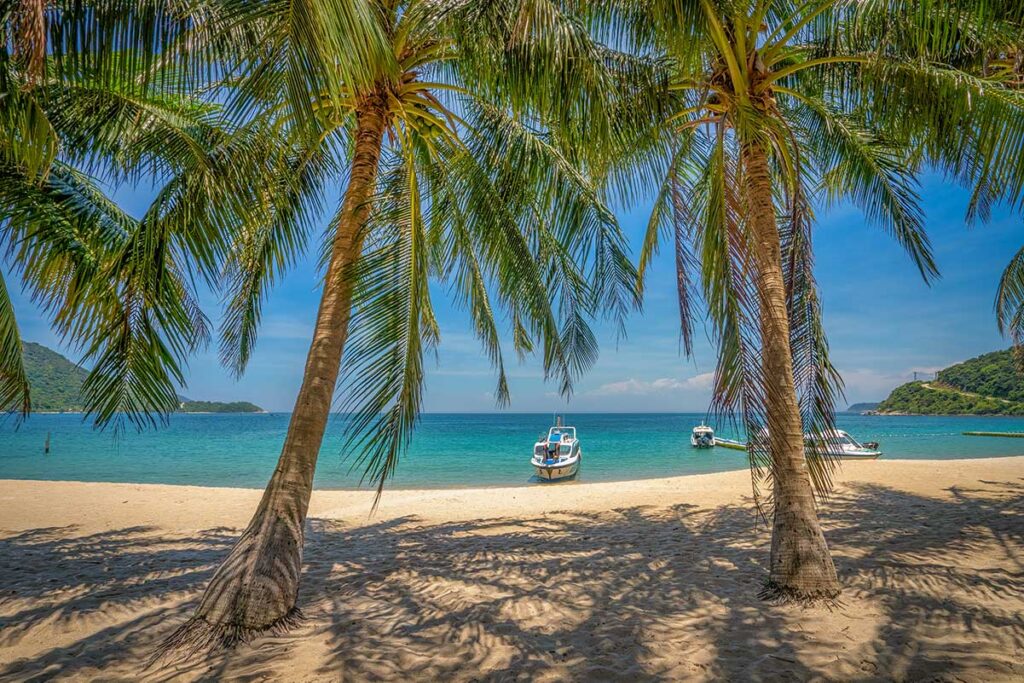 Speedboats moored at Bai Ong Beach, Cham Island, where visitors come for swimming, snorkeling, and seafood lunch by the sea.