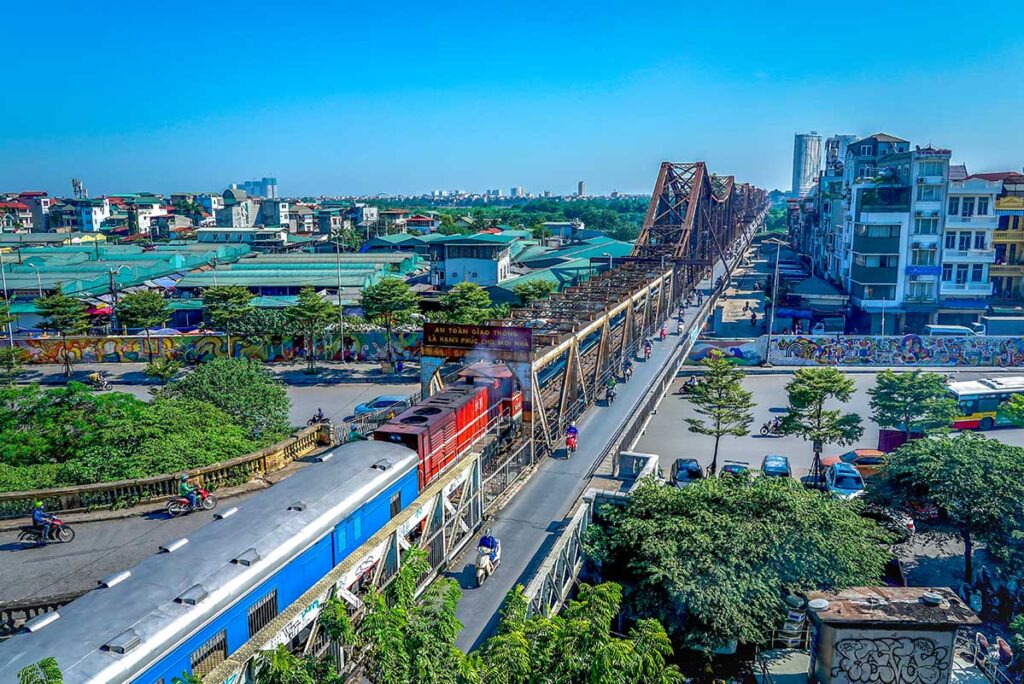 Aerial view of Long Bien Railway Station and Long Bien Bridge