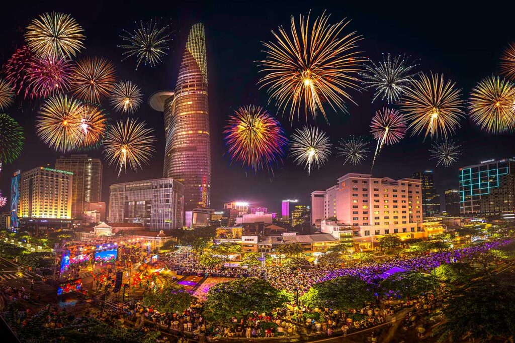 Huge firework display on the skyline of Ho Chi Minh City during Vietnamese New Year celebrations