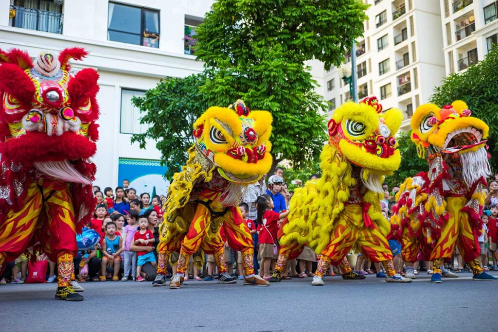 Lion Dance during mid autumn festinval in Vietnam