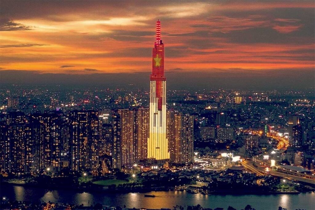 Landmark 81 building showing the Vietnamese flag in LED during celebrations of independence at Vietnam National Day