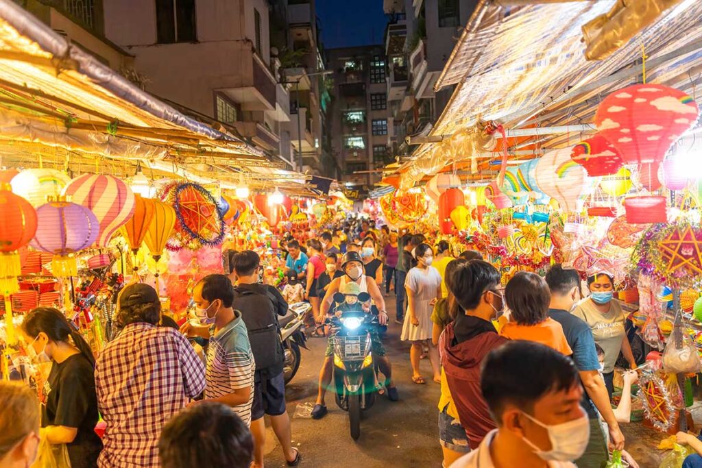 Colorful lantern street at night in Vietnam with lanterns and decorations sold for Mid Autumn Festival 