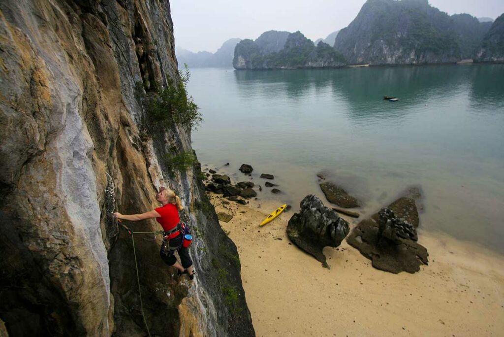 rock climbing in Cat Ba Island on Tiger Beach