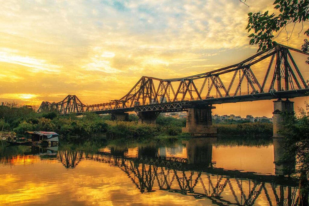 sunset at Long Bien Bridge in Hanoi