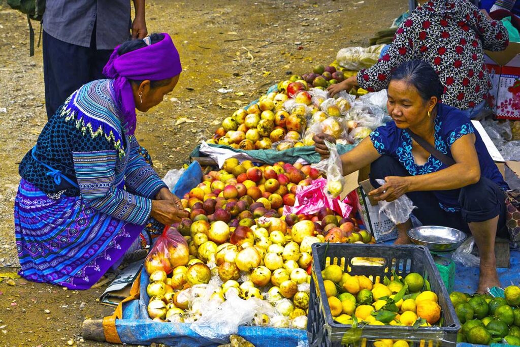 ethnic woman buying local fruits and vegetables at the Coc Ly Market