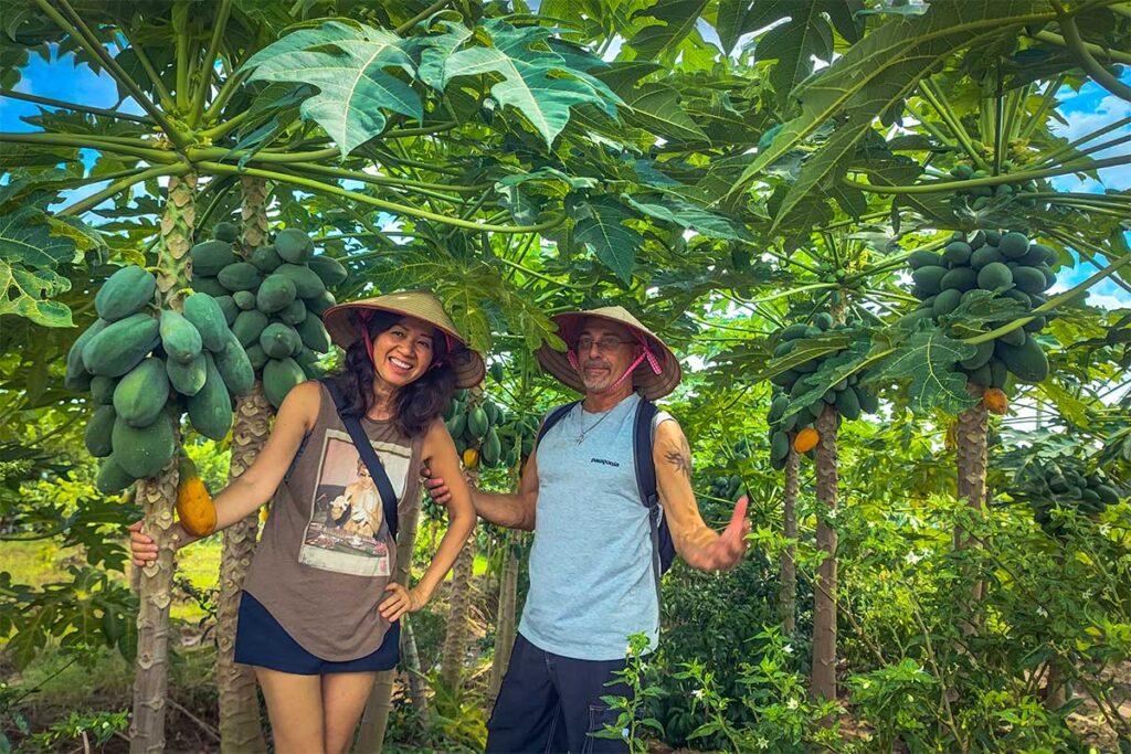 Manh's Farm Tour & Cooking Class: Participants of Manh's cooking class in Hanoi discover local produce at a picturesque orchard.