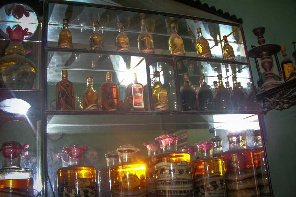 arge jars filled with snake wine, featuring venomous snakes like cobras, are stored in Le Mat Snake Village.