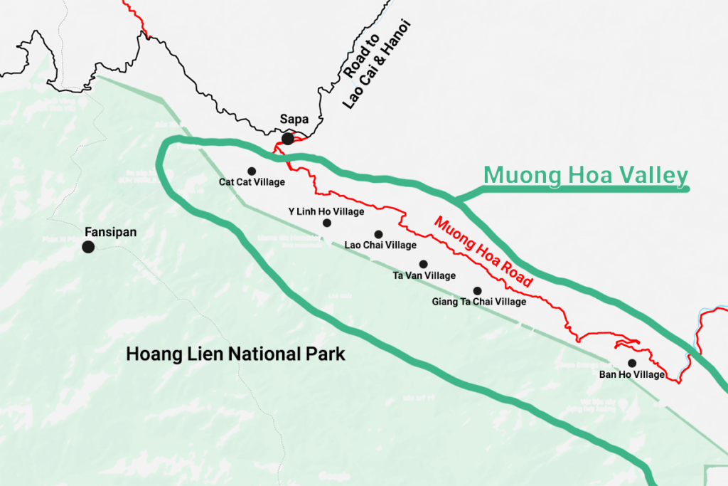 Map of Muong Hoa Valley with Sapa, Fansipan and several villages inside the valley marked