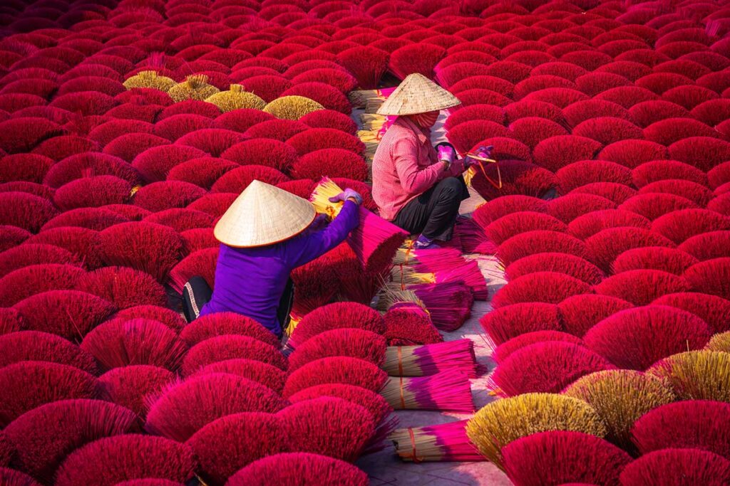 two woman sitting between a field of incense sticks at Quang Phu Cau Incense Village