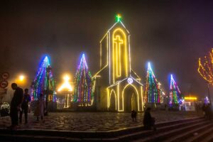 Sapa stone church with beautiful lights at night