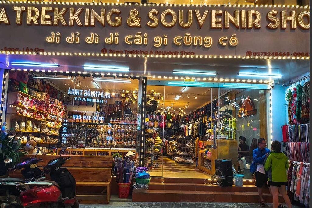 a shop in Sapa selling souvenirs and trekking gear