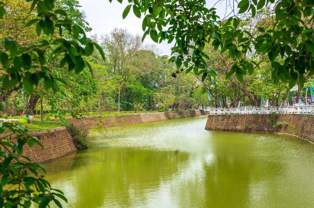 Son Tay Old Fortress Moat: The wide moat surrounding Son Tay Old Fortress, a historic military stronghold near Hanoi, Vietnam.