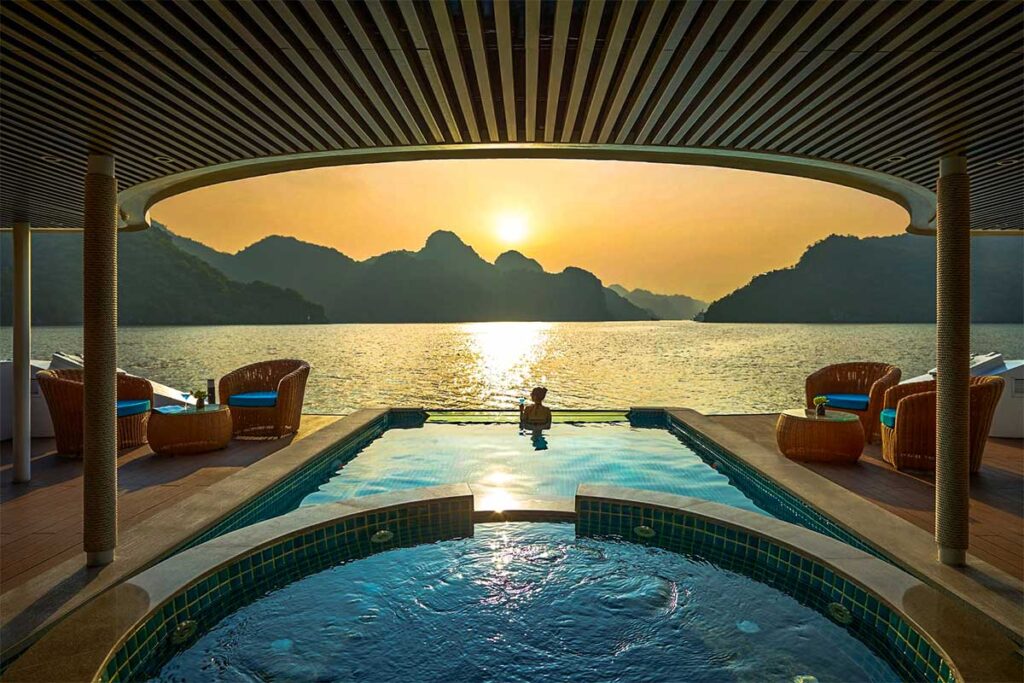 A very luxury cruise in Halong Bay with infinity pool overlooking the bay.