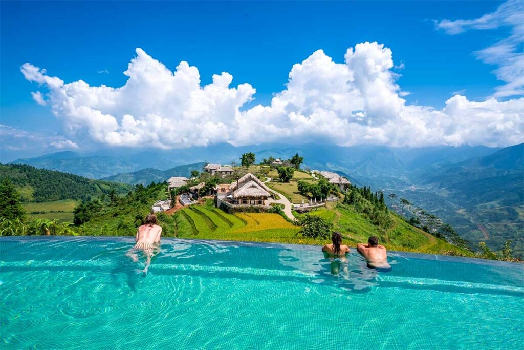 A view from the pool of Topas Ecolodge in Sapa, one of the most unique and luxury retreats in Vietnam