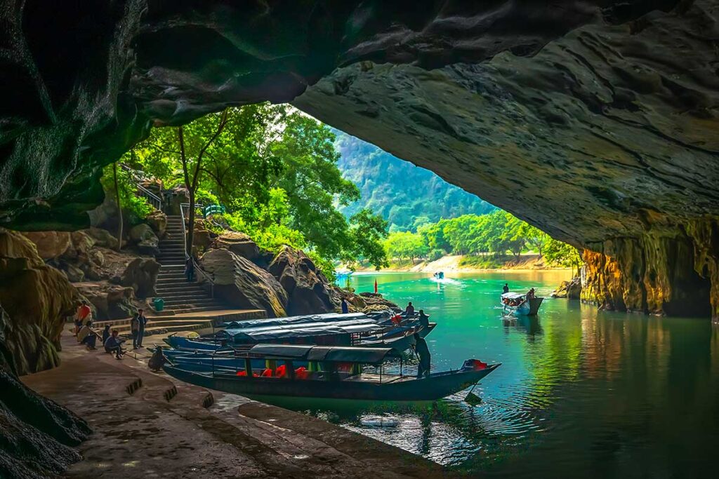 Boats parked inside Phong Nha Cave