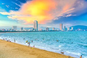 View from the beach of the skyline of Quy Nhon - one of the best beach cities in Vietnam