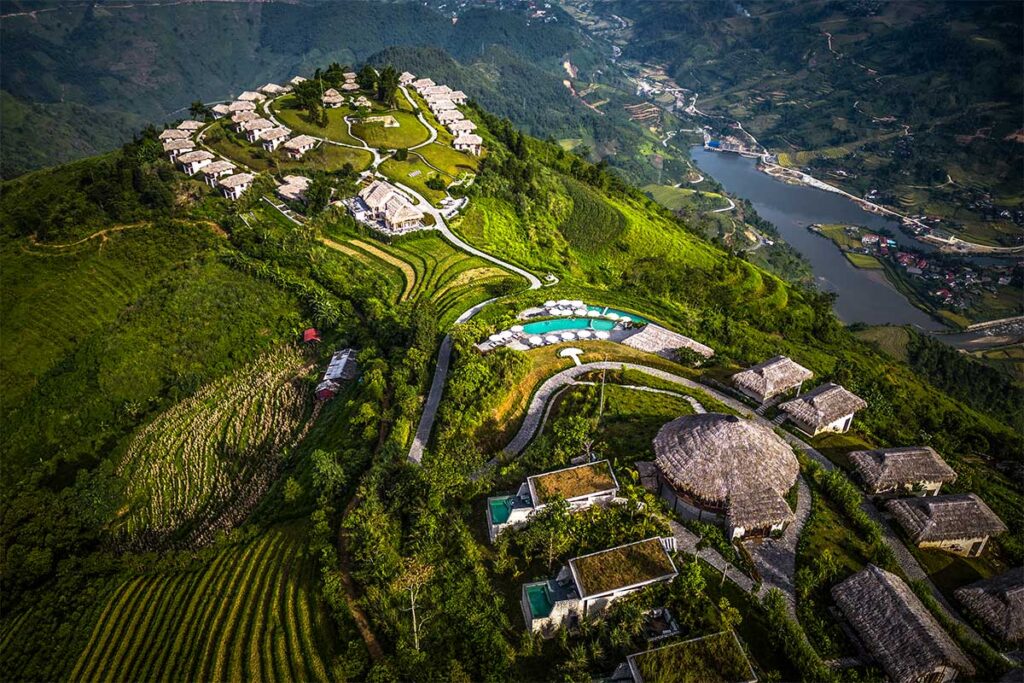 Aerial view of Topas EcoLodge with epics views over Sapa's rice fields