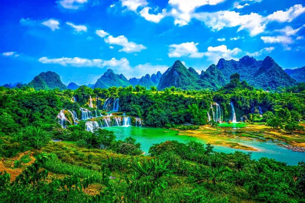 Stunning Vietnam nature landscape with the Ban Gioc Waterfall, mountains and jungles