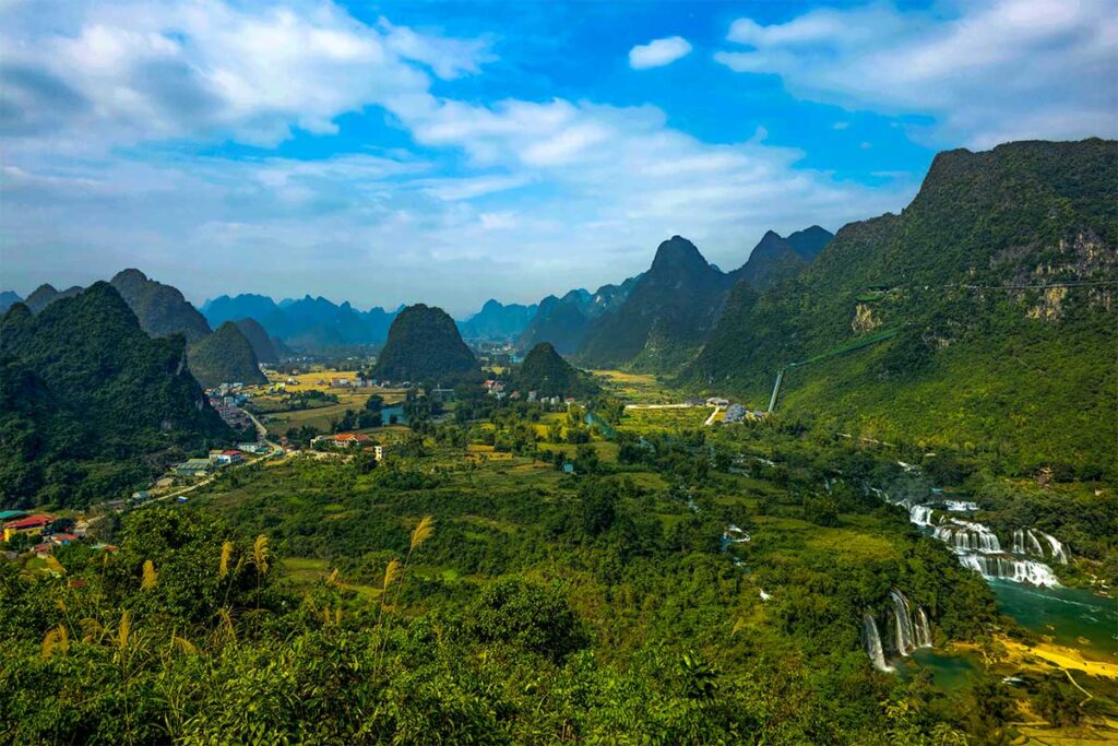 The view of Ban Gioc Waterfall and surrounding mountains including does of China from high up at Phat Tich Truc Lam Ban Gioc Pagoda