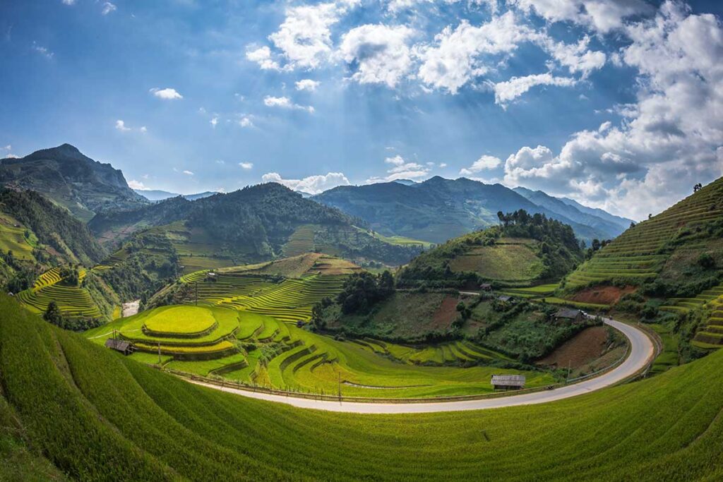 Vietnam mountain landscape in Mu Cang Chau, Yen Bai province including the iconic terraced rice fields