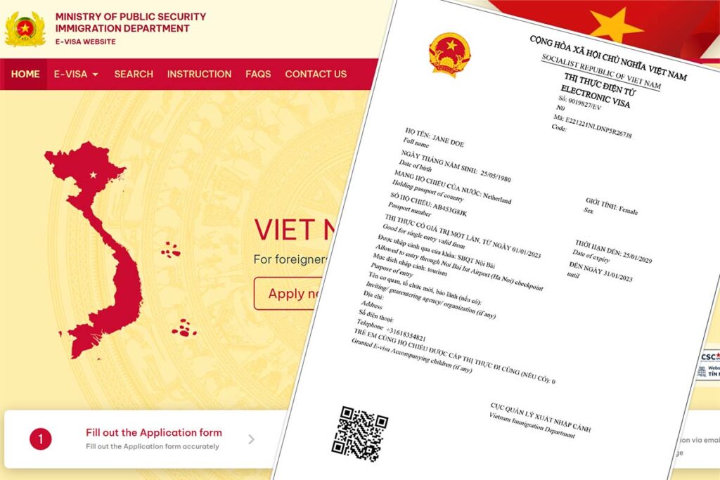 Photo of an official Vietnam e-visa with on the background the official website to apply for an Vietnam e-visa of the Vietnamese Immigration Department