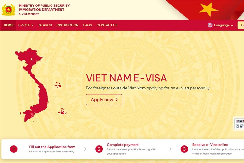 Screenshot of the homepage of the official website of the Vietnamese Immigration Department (https://evisa.gov.vn/) to apply for a Vietnam e-visa