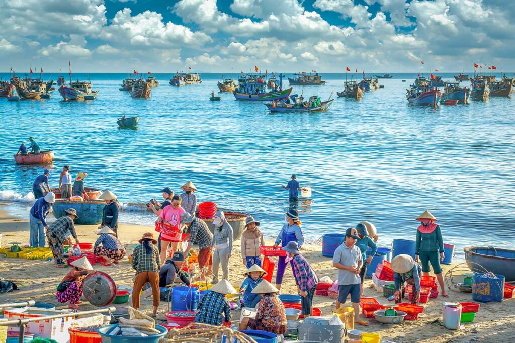 Fishermen and locals sorting seafood at Tam Tien Fish Market near Hoi An – a lively morning experience for photographers.