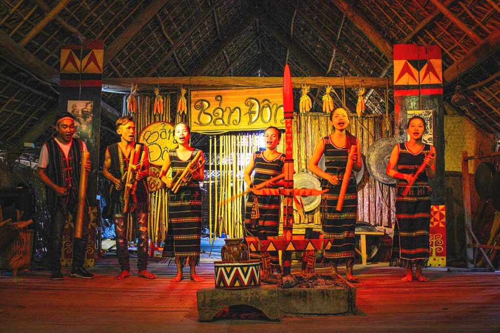 Members of an ethnic group in Buon Don Village performing a traditional dance, showcasing the rich cultural heritage of the Central Highlands.