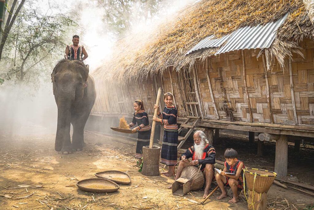 A large elephant standing in Buon Don Village, a place known for its elephant culture and rich traditions.