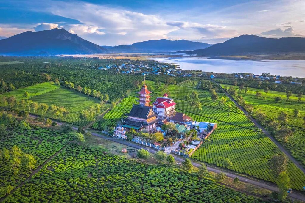 A breathtaking aerial shot of Buu Minh Pagoda, highlighting its traditional architecture and serene location in Pleiku, Gia Lai.