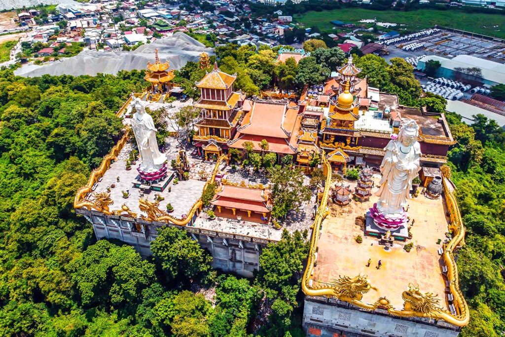 Aerial view of Chau Thoi Temple on top of a hill