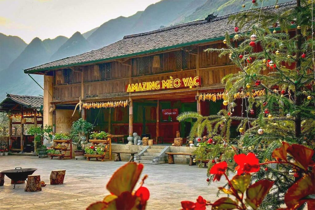 A Christmas tree standing outside a local homestay in Meo Vac, adding a festive touch to the winter season in Ha Giang.