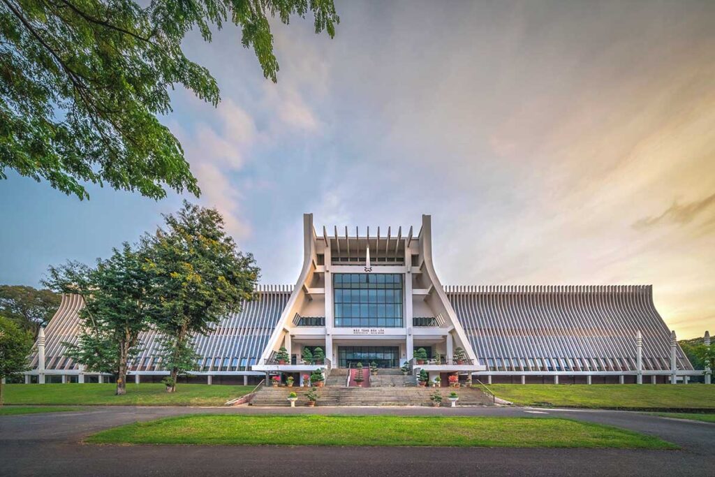 A frontal view of Dak Lak Museum, highlighting its unique architectural style.