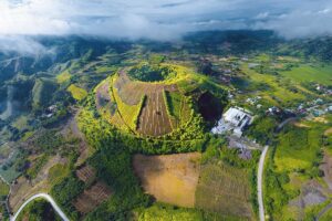 Stunning aerial perspective of Nam Kar Volcano, highlighting its distinct geological features within Dak Nong Geopark.