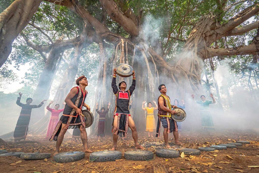 A group of Ba Na people performing a cultural dance, showcasing their traditions in Gia Lai Province.