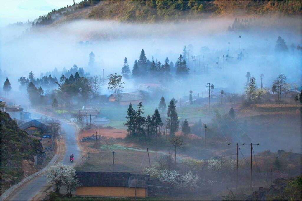 Ha Giang Loop in December – A mystical valley in Ha Giang Loop, featuring traditional yellow clay ethnic houses surrounded by trees and covered in light fog, creating a peaceful winter scene in Ha Giang Loop in December.