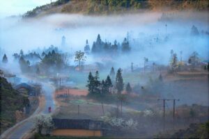 Ha Giang Loop in December – A mystical valley in Ha Giang Loop, featuring traditional yellow clay ethnic houses surrounded by trees and covered in light fog, creating a peaceful winter scene in Ha Giang Loop in December.