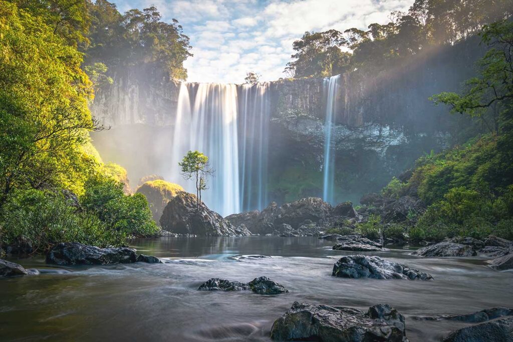 A spectacular shot of K50 Waterfall, one of the most stunning waterfalls in Gia Lai, cascading into the jungle below.