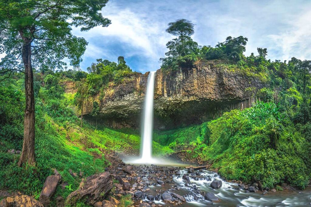 Water powerfully pouring down from a high cliff at Lieng Nung Waterfall, forming a small natural pool surrounded by dense greenery.