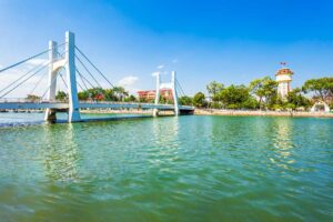 Cau Le Hong Phong Bridge and water tower in Phan Thiet city near Mui Ne in Vietnam