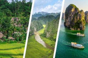 Stilt houses in Pu Luong, river valleys in Ninh Binh, and cruise boats in Halong Bay shown together for a Pu Luong–Ninh Binh–Halong Bay combo tour.
