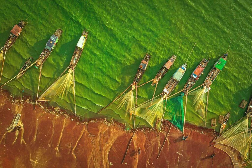 Traditional fishing boats with nets anchored on Tri An Lake, where the green algae season creates a striking contrast between green and brown waters in Dong Nai Province.