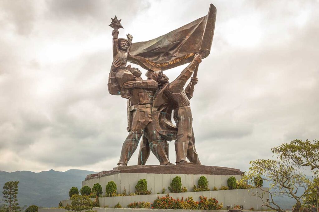 Close-up of the Victory Monument on Hill D1, commemorating the triumph at Dien Bien Phu.