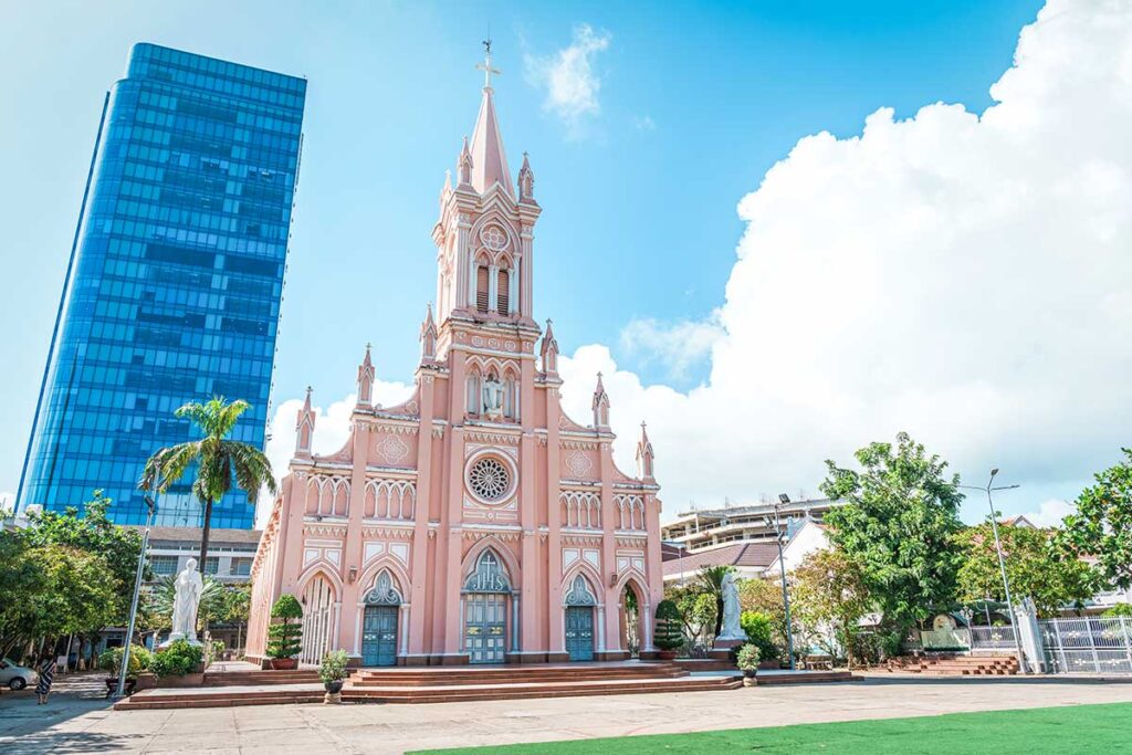 The pink Da Nang Cathedral from the outside