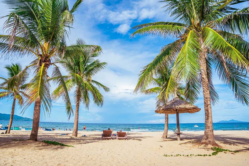 : Da Nang in May – My Khe Beach lined with palm trees, golden sand, and a deep blue sky, reflecting the hot and sunny weather.