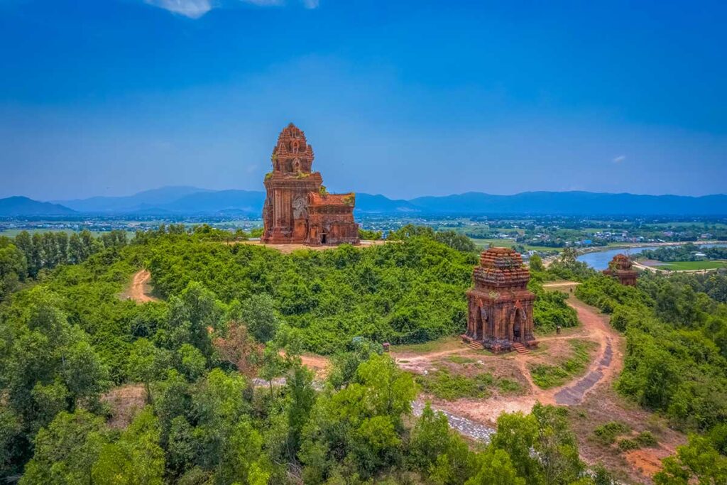 Aerial view of Banh It Cham Towers: Kalan and Kosagrha on the summit, Gopura and Posah below.